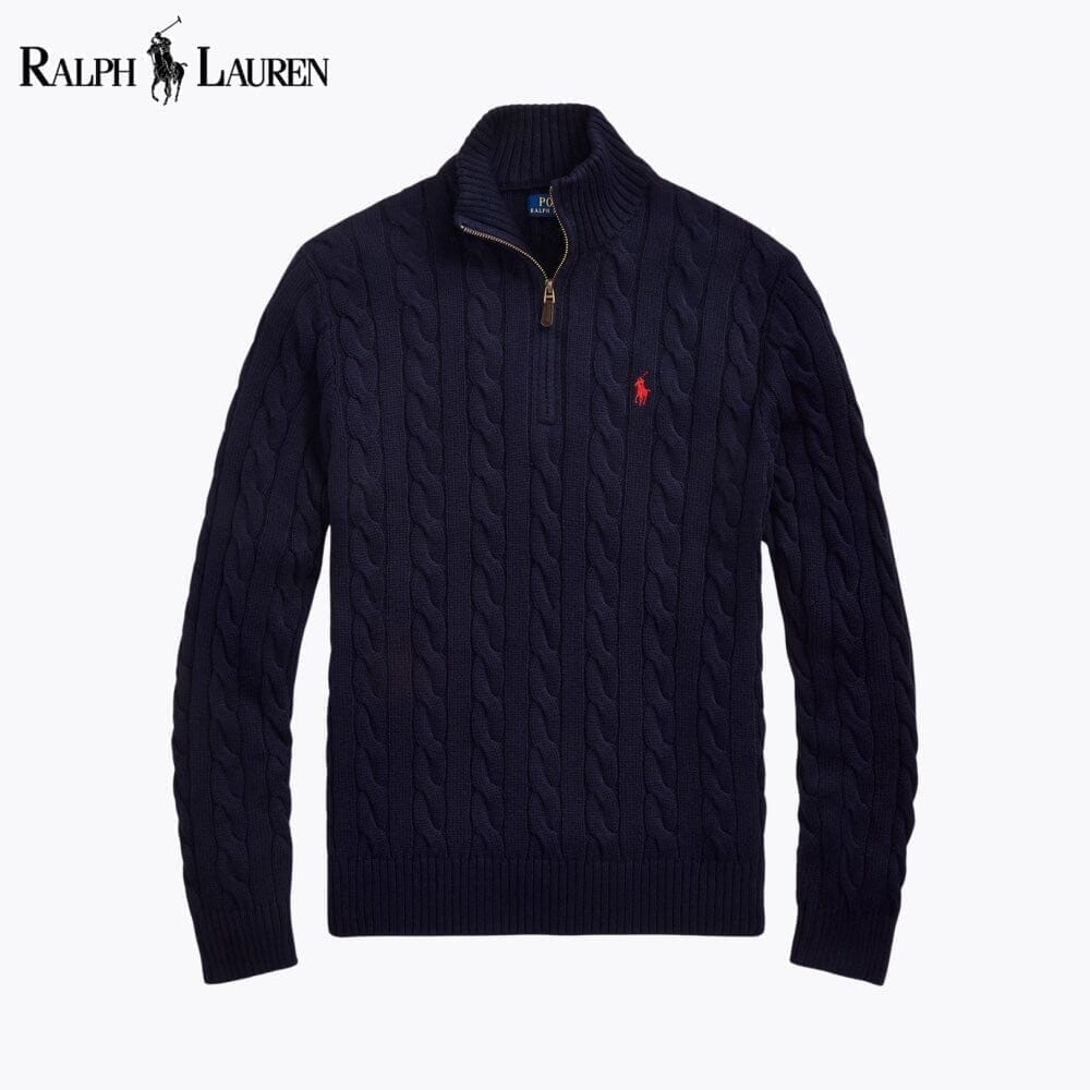 Grobstrick-Baumwollpullover mit Viertelreißverschluss